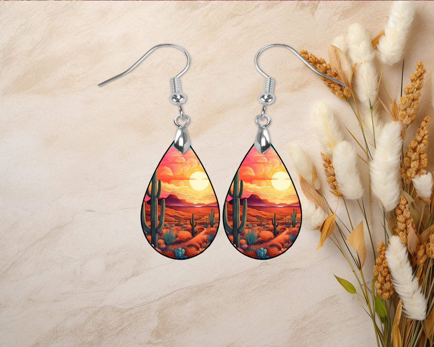 Desert Mountain Sunset Earrings Print Tear Drop Wood Dangle Earrings Hypoallergenic Jewelry