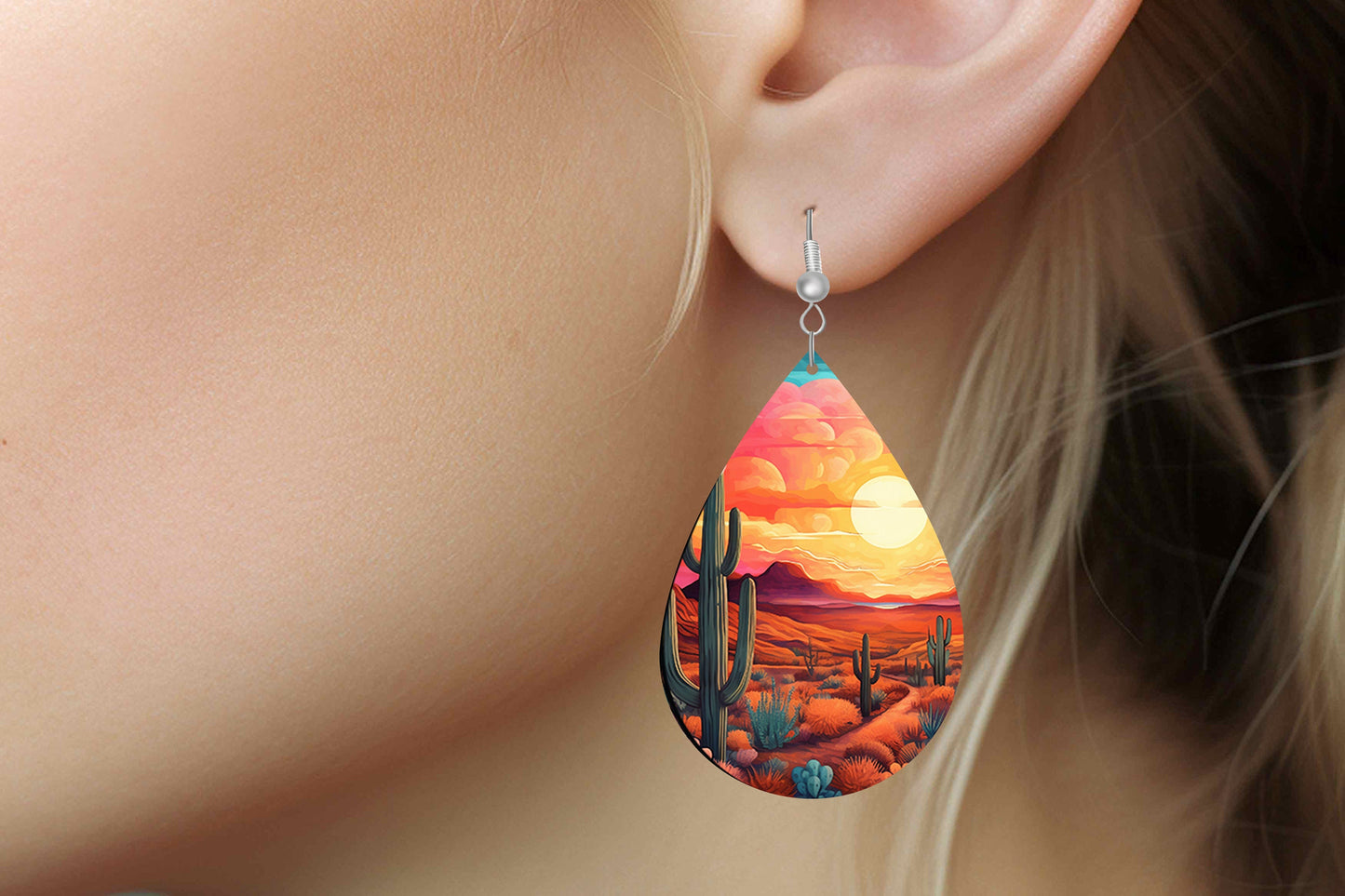 Desert Mountain Sunset Earrings Print Tear Drop Wood Dangle Earrings Hypoallergenic Jewelry