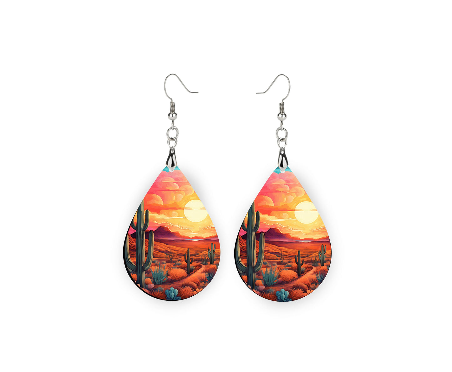 Desert Mountain Sunset Earrings Print Tear Drop Wood Dangle Earrings Hypoallergenic Jewelry