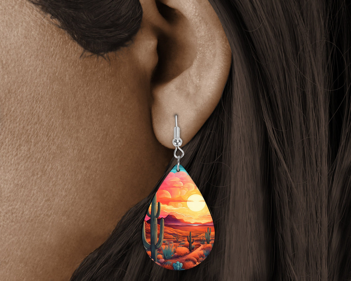 Desert Mountain Sunset Earrings Print Tear Drop Wood Dangle Earrings Hypoallergenic Jewelry