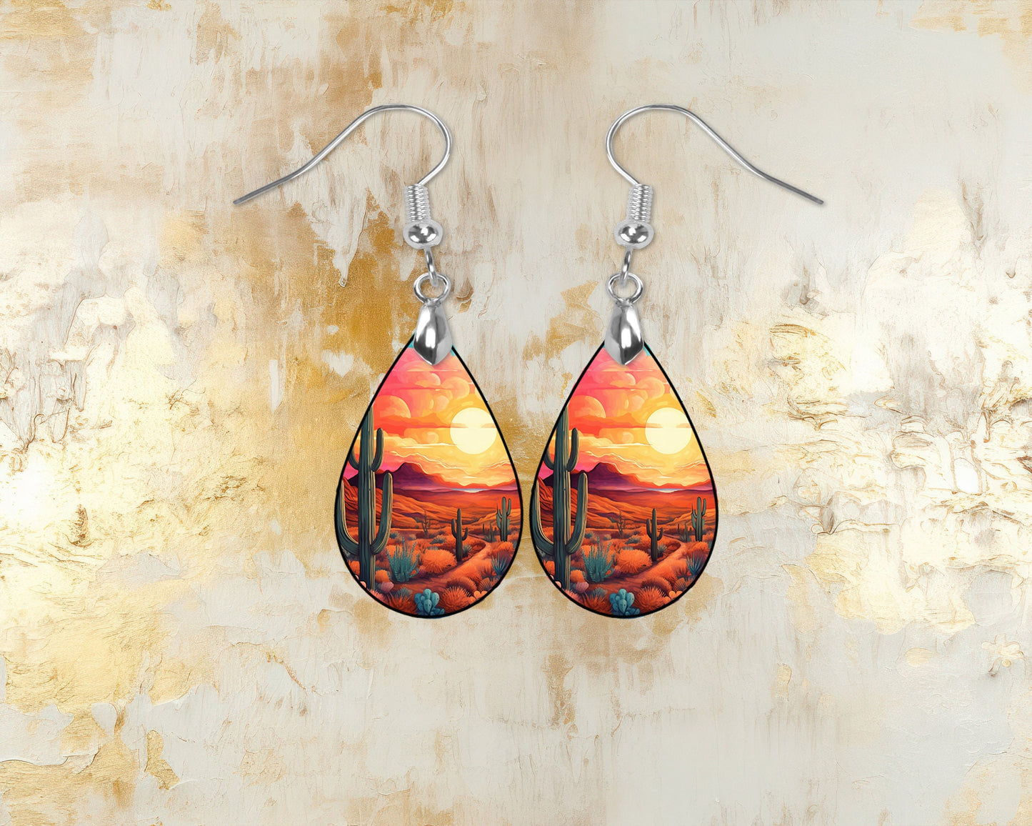 Desert Mountain Sunset Earrings Print Tear Drop Wood Dangle Earrings Hypoallergenic Jewelry