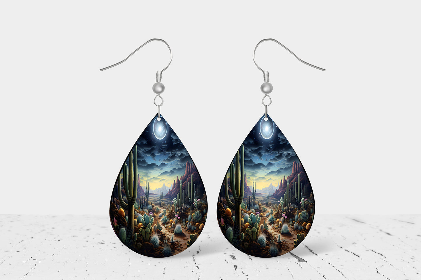 Moonlit Desert Earrings Print Tear Drop Wood Dangle Earrings Hypoallergenic Jewelry