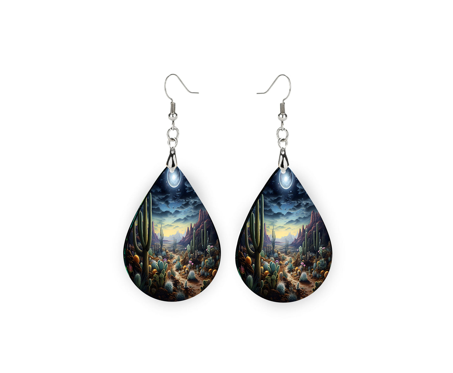 Moonlit Desert Earrings Print Tear Drop Wood Dangle Earrings Hypoallergenic Jewelry