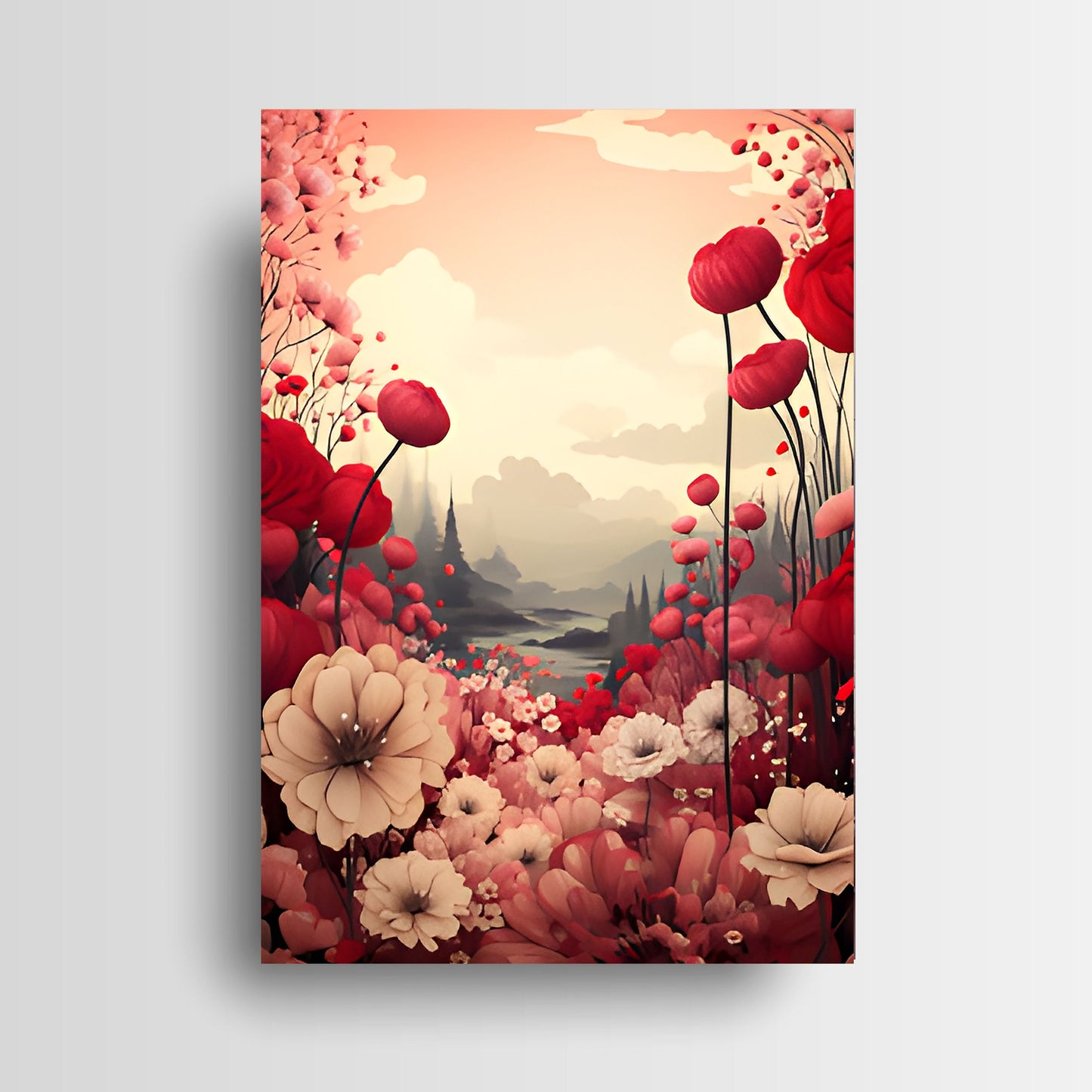 16x20 Red and Pink Poppy Field Wall Art Canvas Print