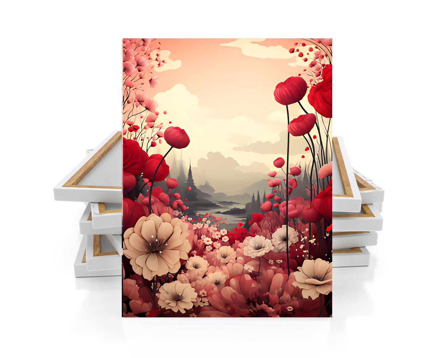 16x20 Red and Pink Poppy Field Wall Art Canvas Print