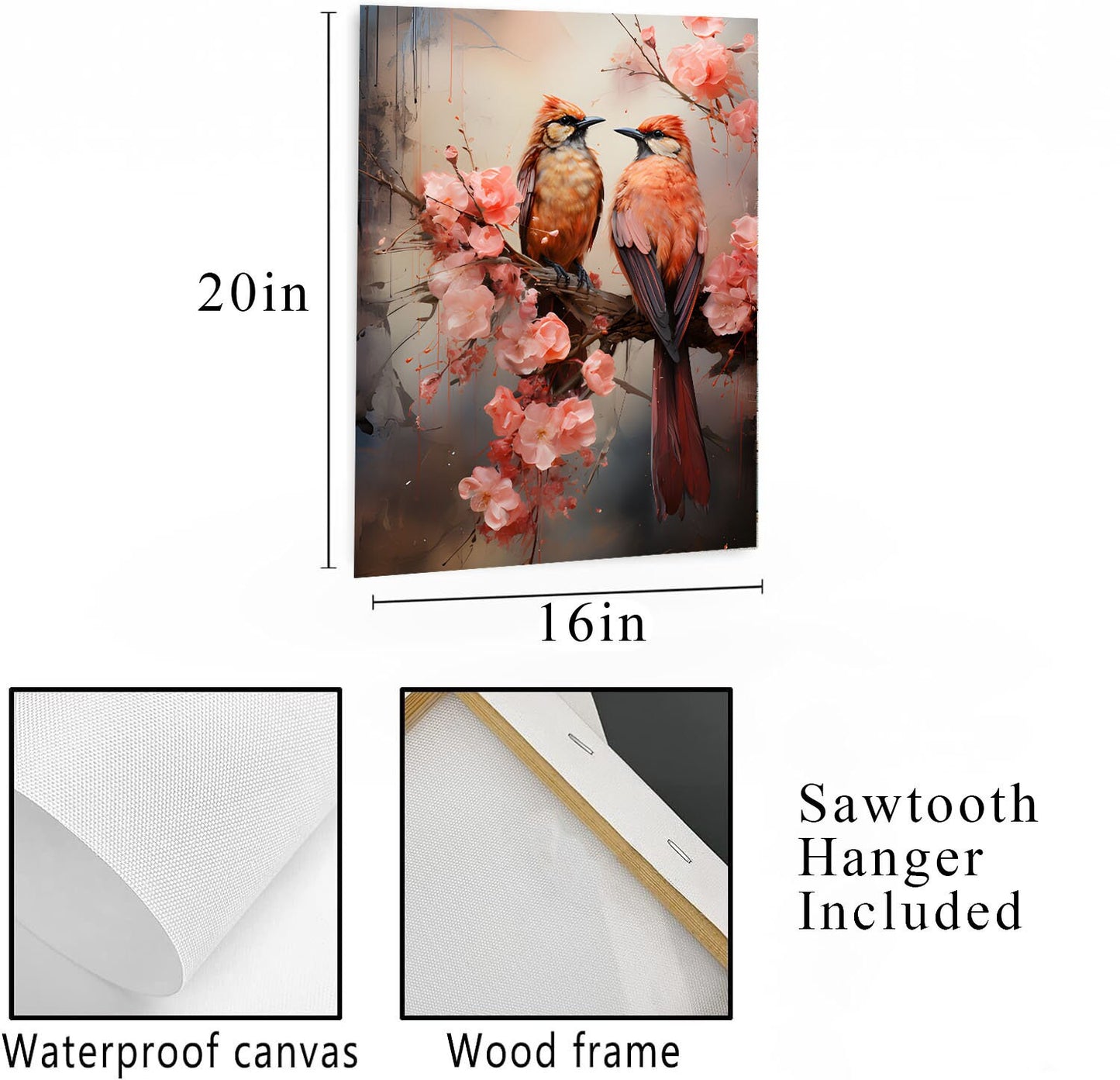 16x20 Birds on Pink Blossom Branch Wall Art Canvas Print