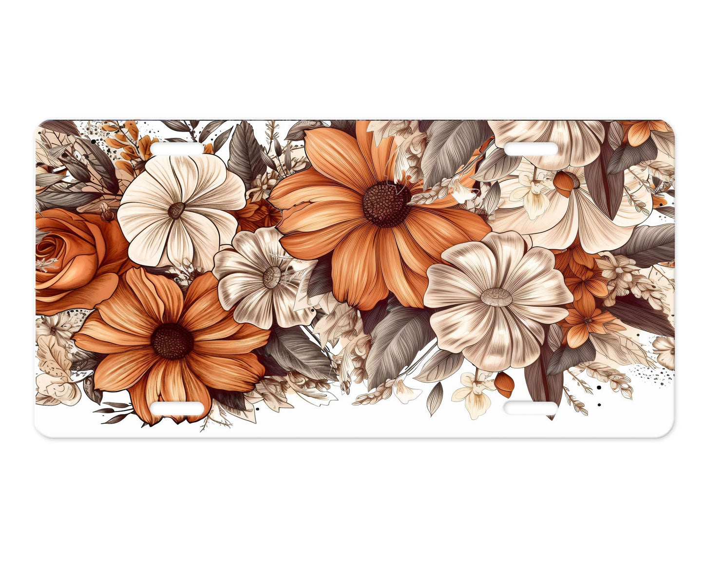 New Release, Brown and Cream Floral Aluminum Front License Plate, Vanity Plate, Car Accessory