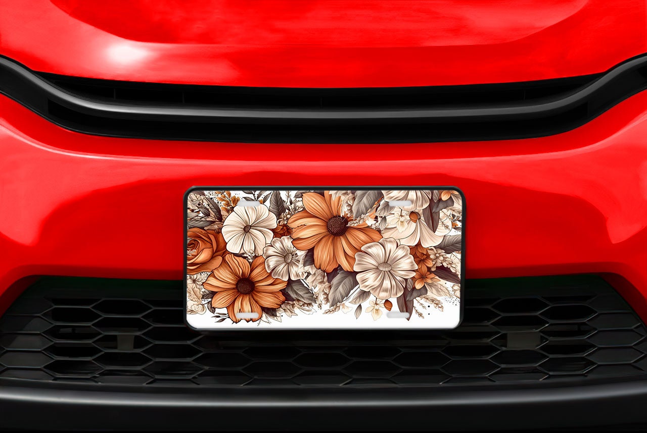 New Release, Brown and Cream Floral Aluminum Front License Plate, Vanity Plate, Car Accessory