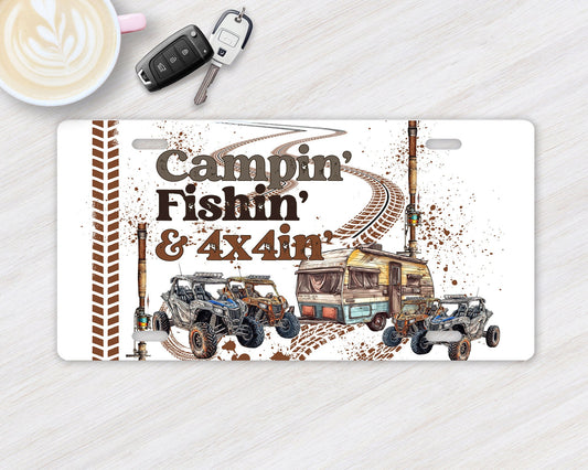 New Release, Campin' Fishin' & 4x4'in Aluminum Front License Plate, Vanity Plate, Car Accessory