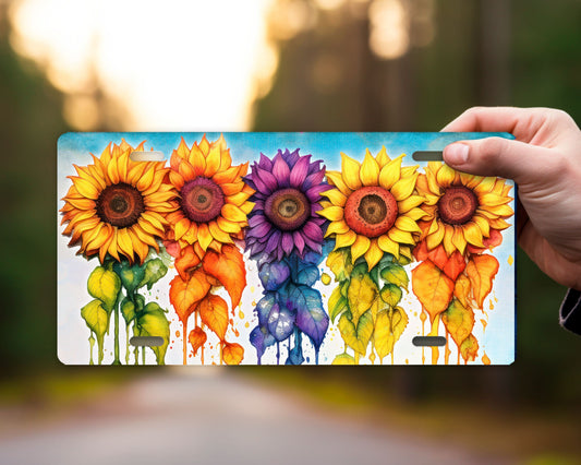 New Release, Color Drip Sunflowers Aluminum Front License Plate, Vanity Plate, Car Accessory