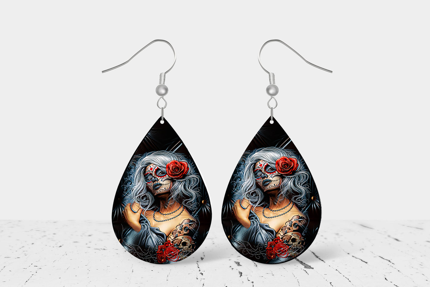 White Hair Sugar Skull Woman Earrings, Teardrop Dangle Printed Earrings Jewelry Handmade