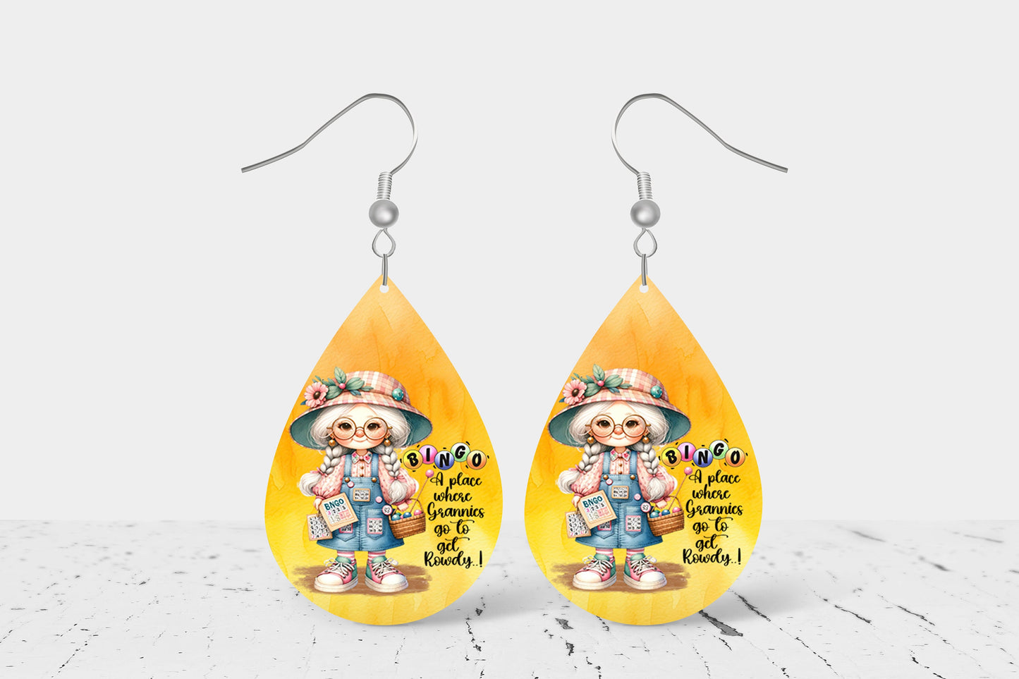 Bingo Granny Earrings, Teardrop Dangle Printed Earrings Jewelry Handmade