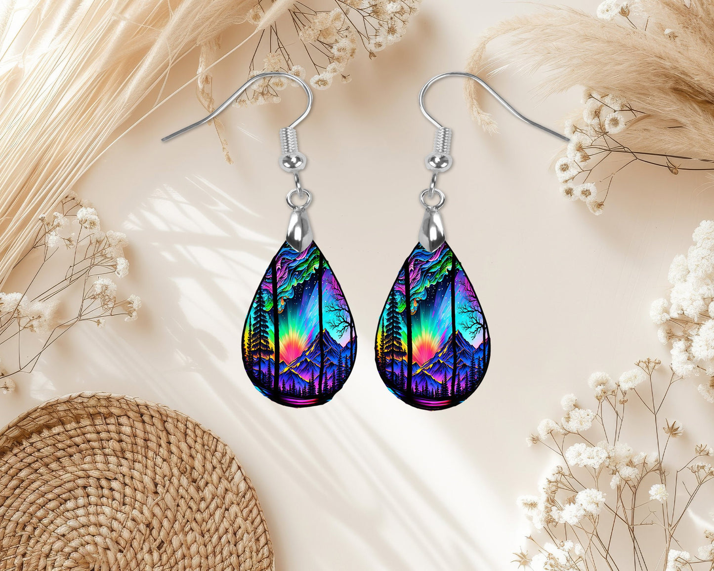 Northern Lights Sunset Print Earrings Print Tear Drop Wood Dangle Earrings Hypoallergenic Jewelry