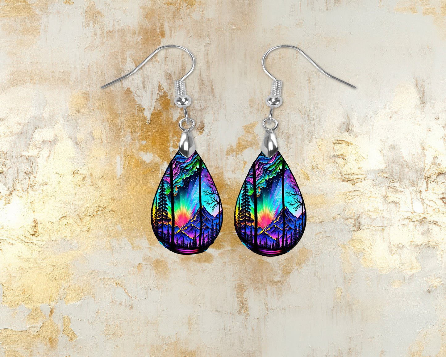 Northern Lights Sunset Print Earrings Print Tear Drop Wood Dangle Earrings Hypoallergenic Jewelry