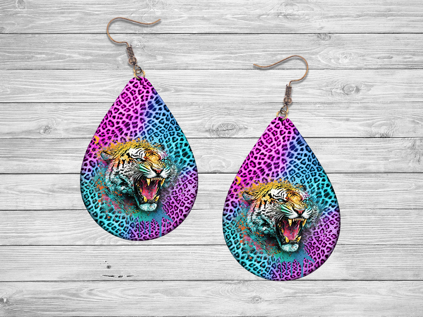 Tiger Roar Print Earrings Print Tear Drop Wood Dangle Earrings Hypoallergenic Jewelry