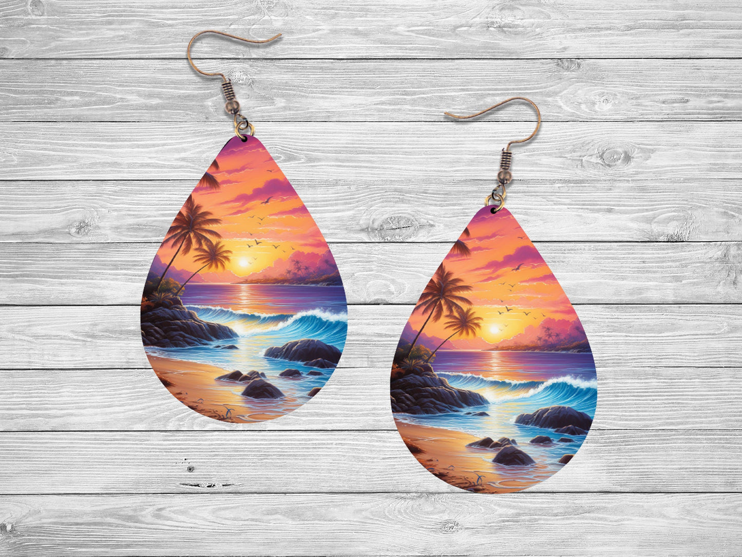 Beach Sunset Print Earrings Print Tear Drop Wood Dangle Earrings Hypoallergenic Jewelry