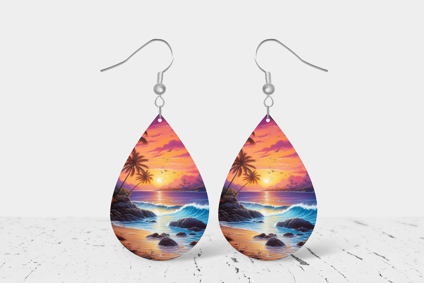 Beach Sunset Print Earrings Print Tear Drop Wood Dangle Earrings Hypoallergenic Jewelry