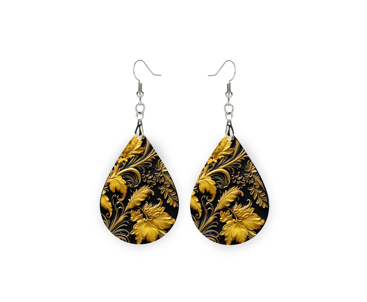 Black and Gold Baroque Print Earrings Print Tear Drop Wood Dangle Earrings Hypoallergenic Jewelry