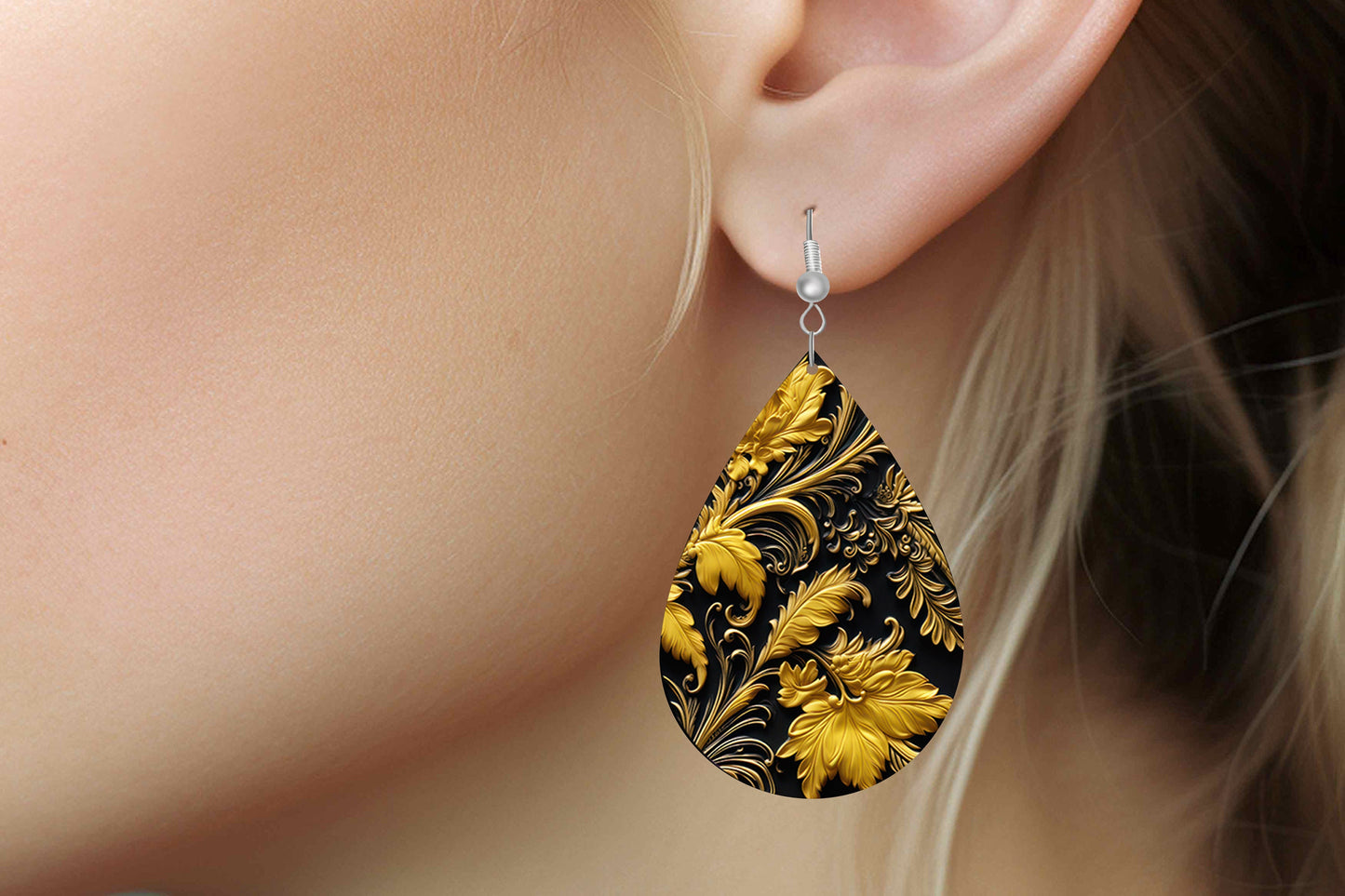 Black and Gold Baroque Print Earrings Print Tear Drop Wood Dangle Earrings Hypoallergenic Jewelry