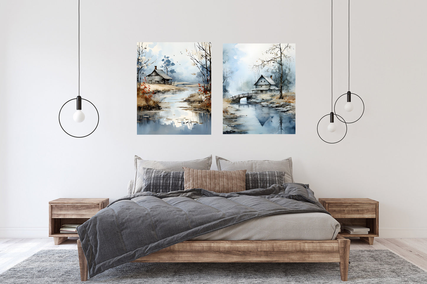 Set of 2 16x20 Barns in Blue Wall Art Canvas Prints