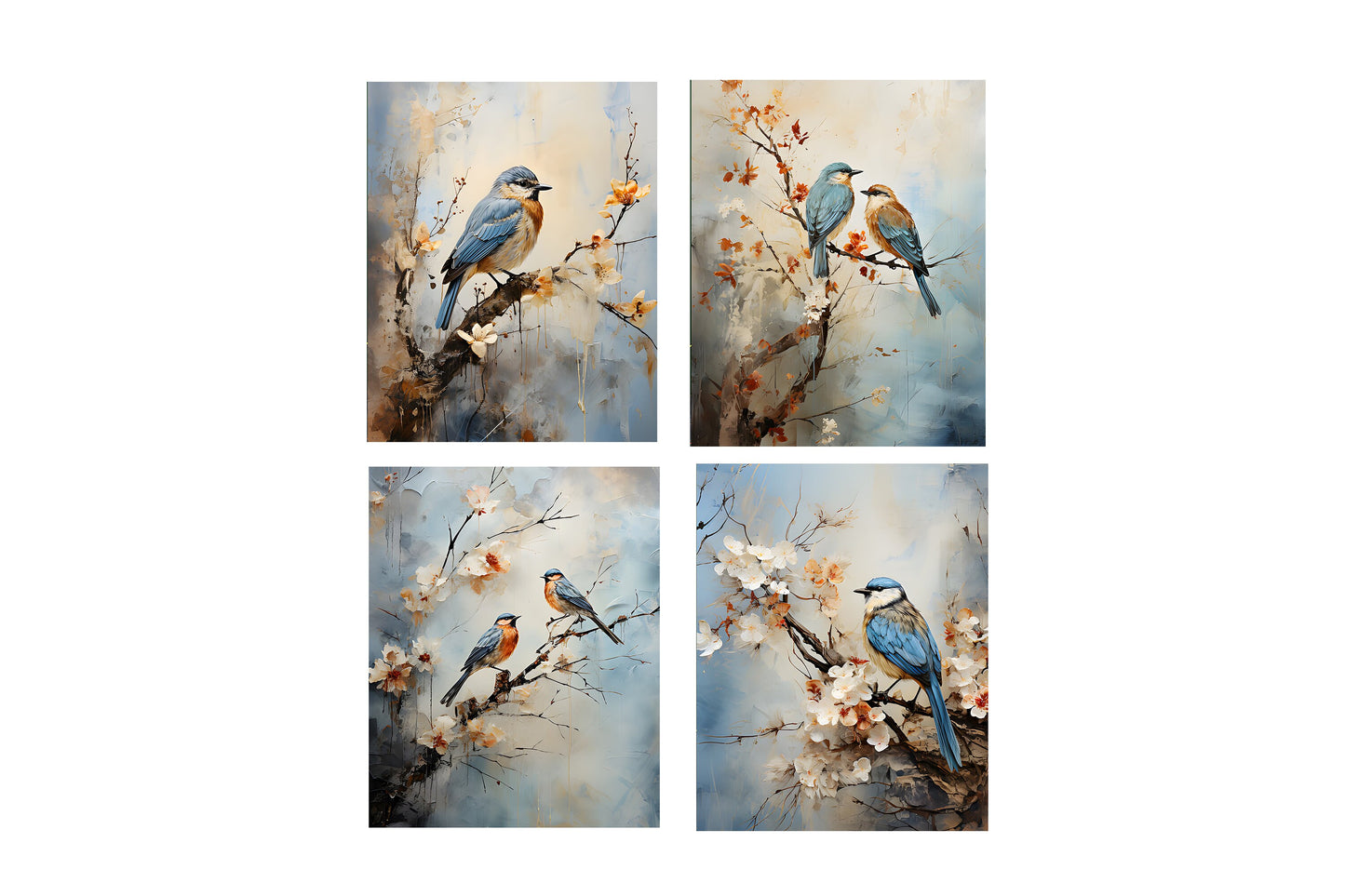 Set of 4  8x10 Birds on a Limb Wall Art, Canvas Prints, Contemporary Wall Art