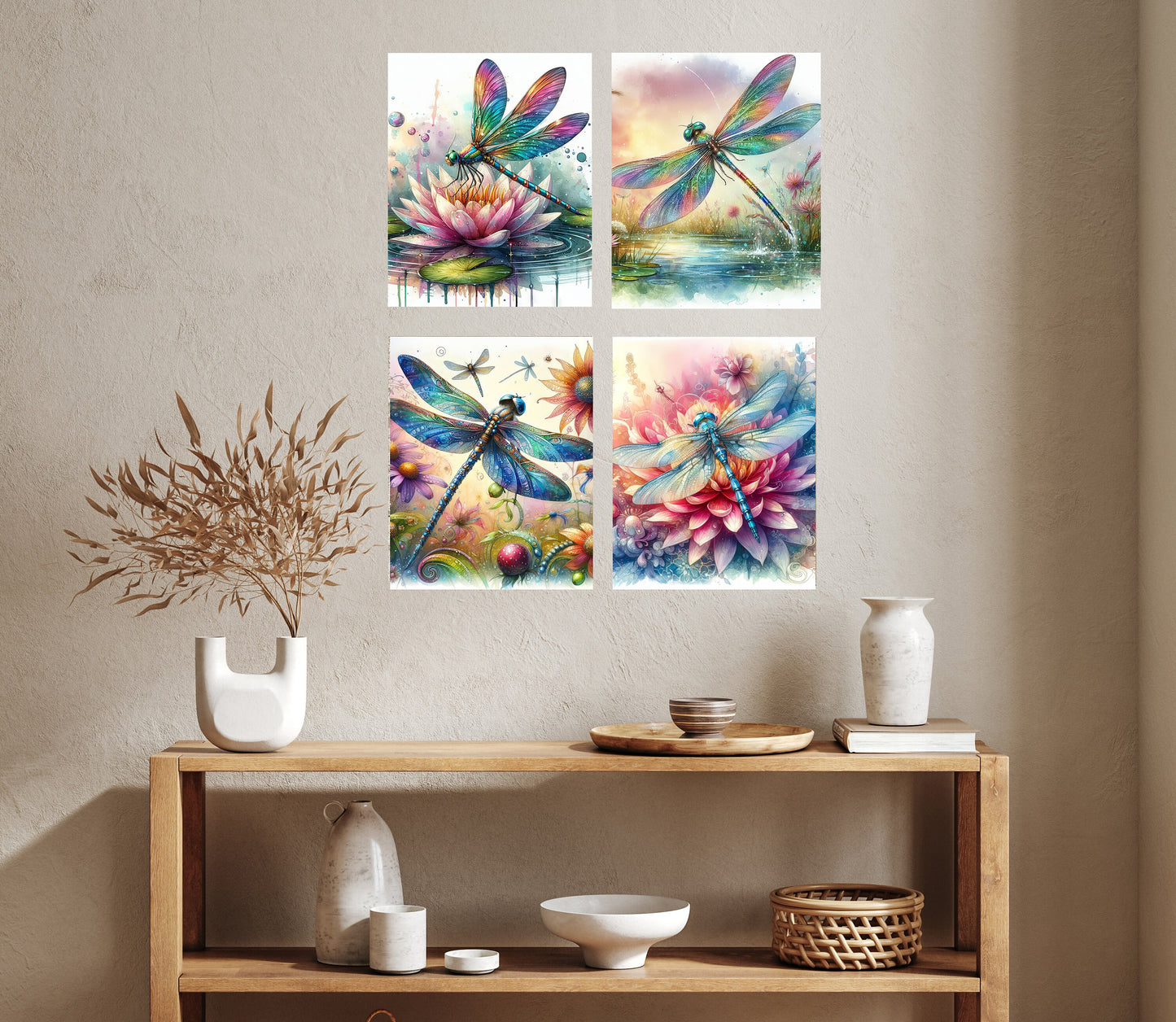 Set of 4  8x10 Beautiful Dragonfly Wall Art, Canvas Prints, Contemporary Wall Art