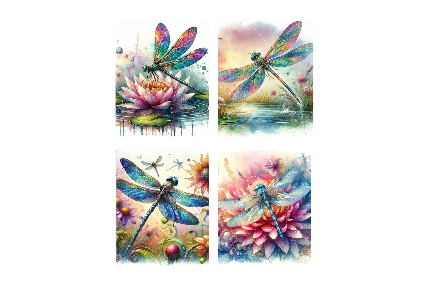 Set of 4  8x10 Beautiful Dragonfly Wall Art, Canvas Prints, Contemporary Wall Art