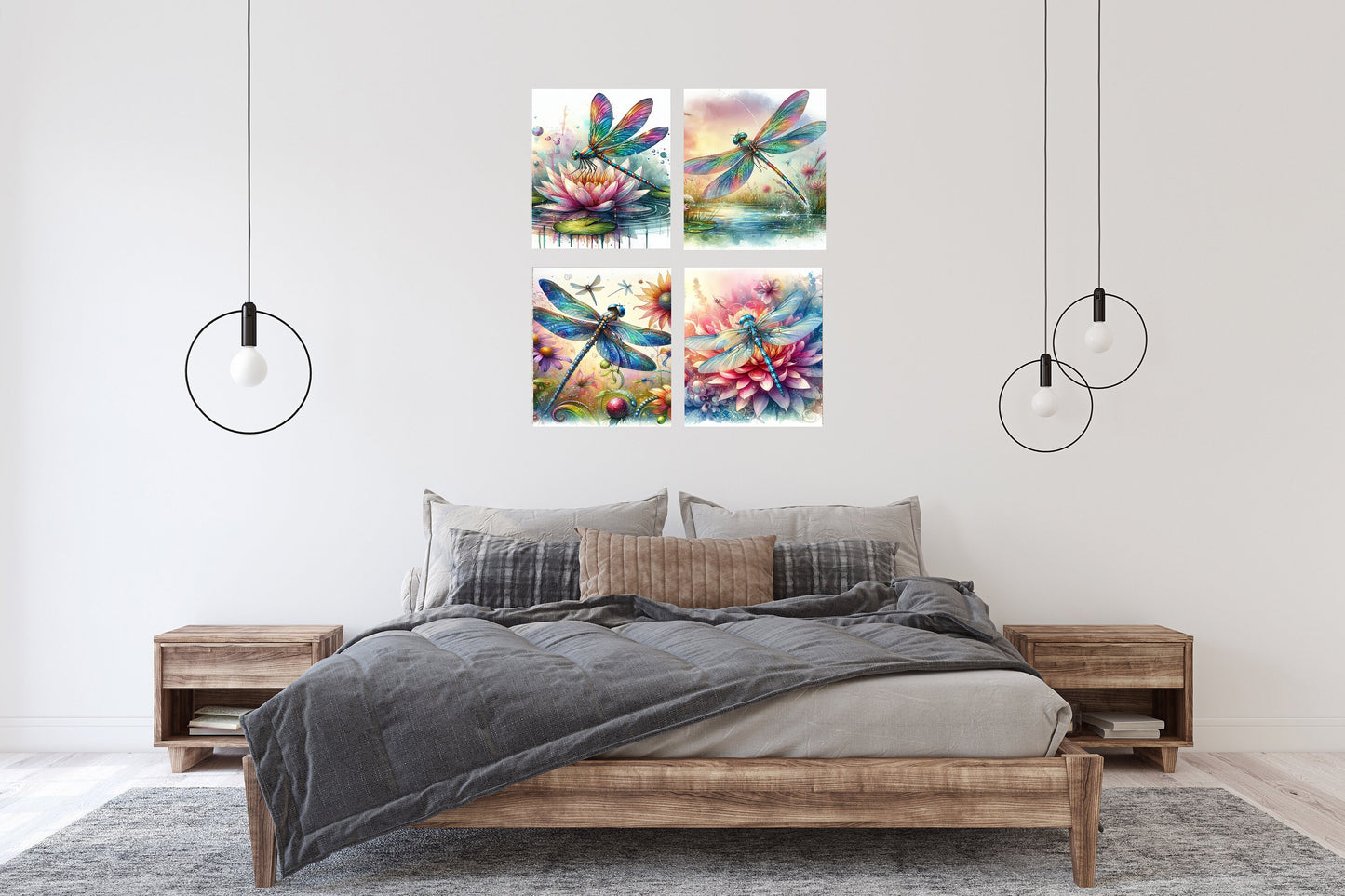 Set of 4  8x10 Beautiful Dragonfly Wall Art, Canvas Prints, Contemporary Wall Art