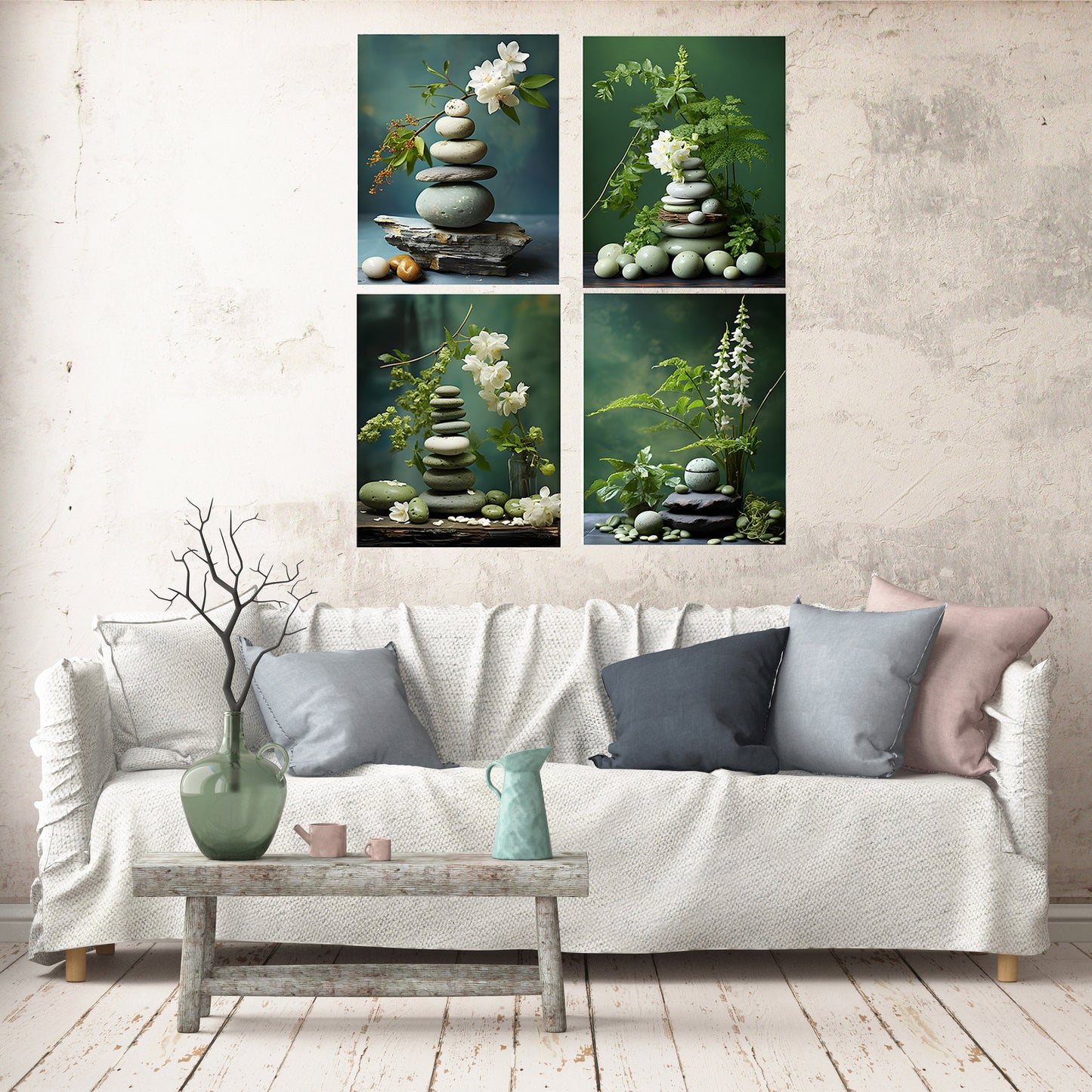 Set of 4  8x10 Asian Stones Wall Art Canvas Print, Contemporary Wall Art