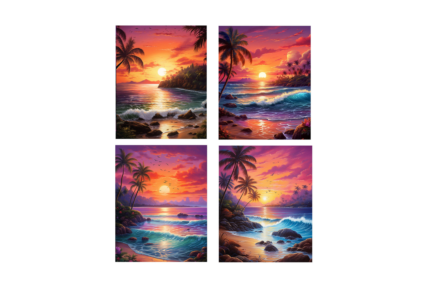 Set of 4  8x10 Sunset Beach Wall Art Canvas Print, Contemporary Wall Art