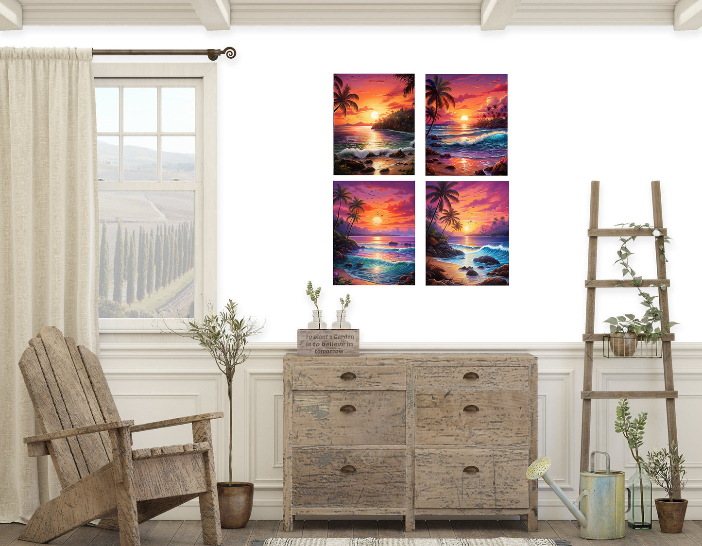 Set of 4  8x10 Sunset Beach Wall Art Canvas Print, Contemporary Wall Art