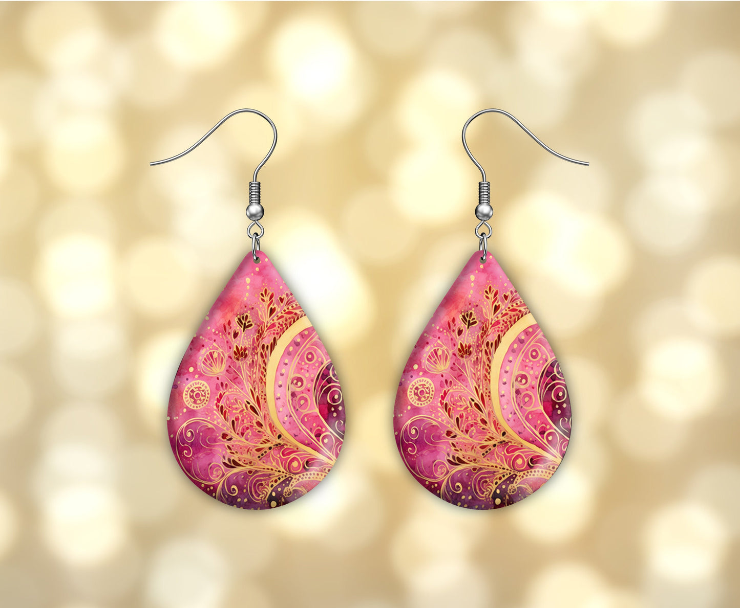 New Delhi Pink and Gold  Earrings, Teardrop Dangle Printed Earrings Jewelry Handmade