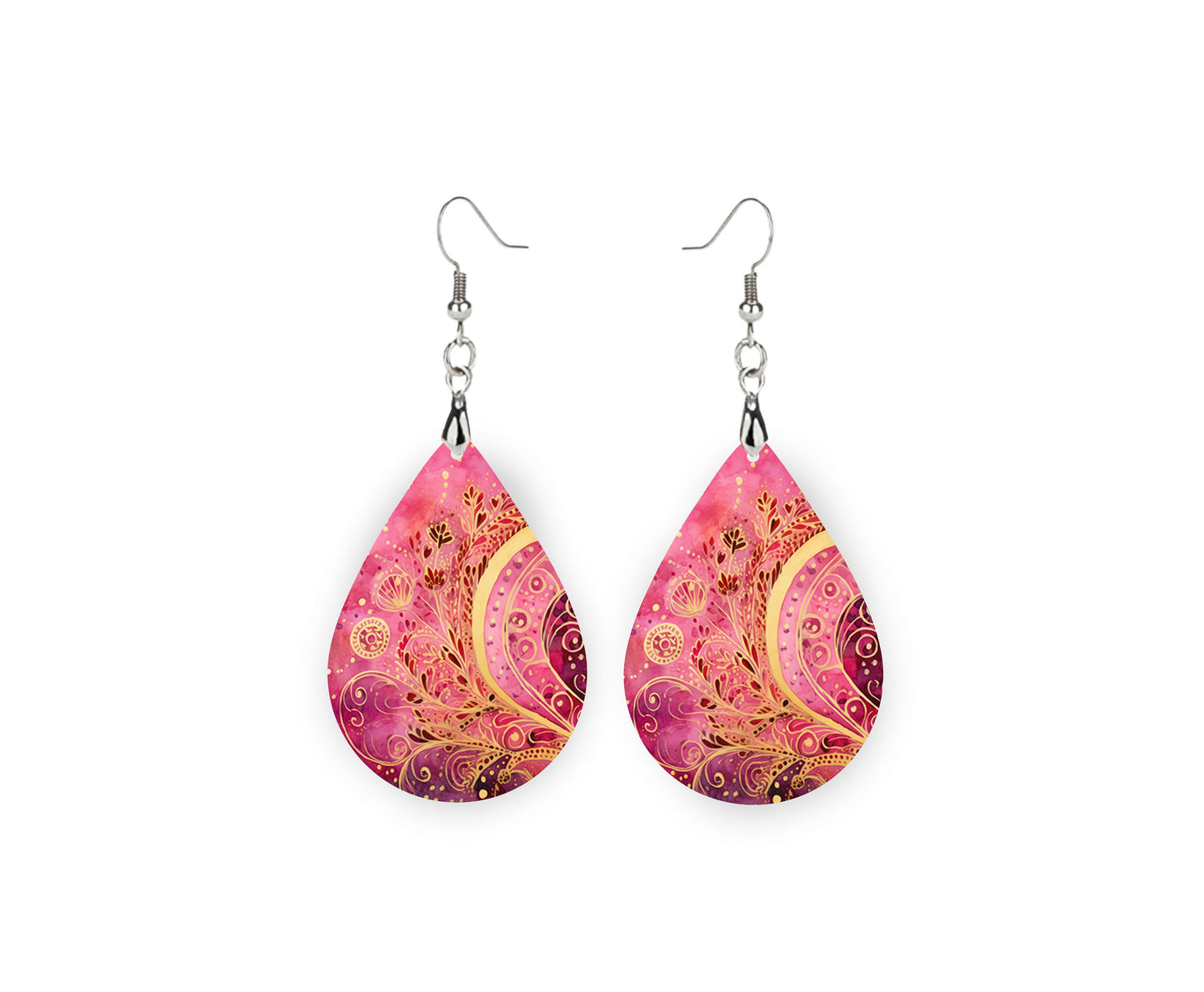 New Delhi Pink and Gold  Earrings, Teardrop Dangle Printed Earrings Jewelry Handmade