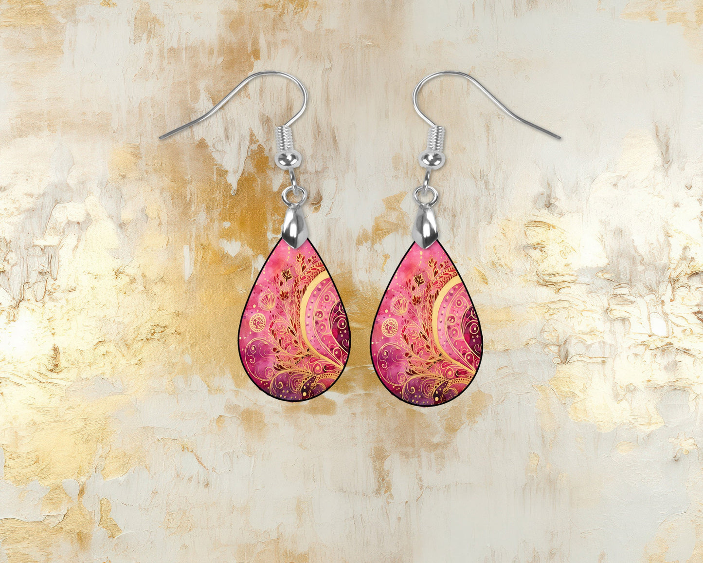 New Delhi Pink and Gold  Earrings, Teardrop Dangle Printed Earrings Jewelry Handmade