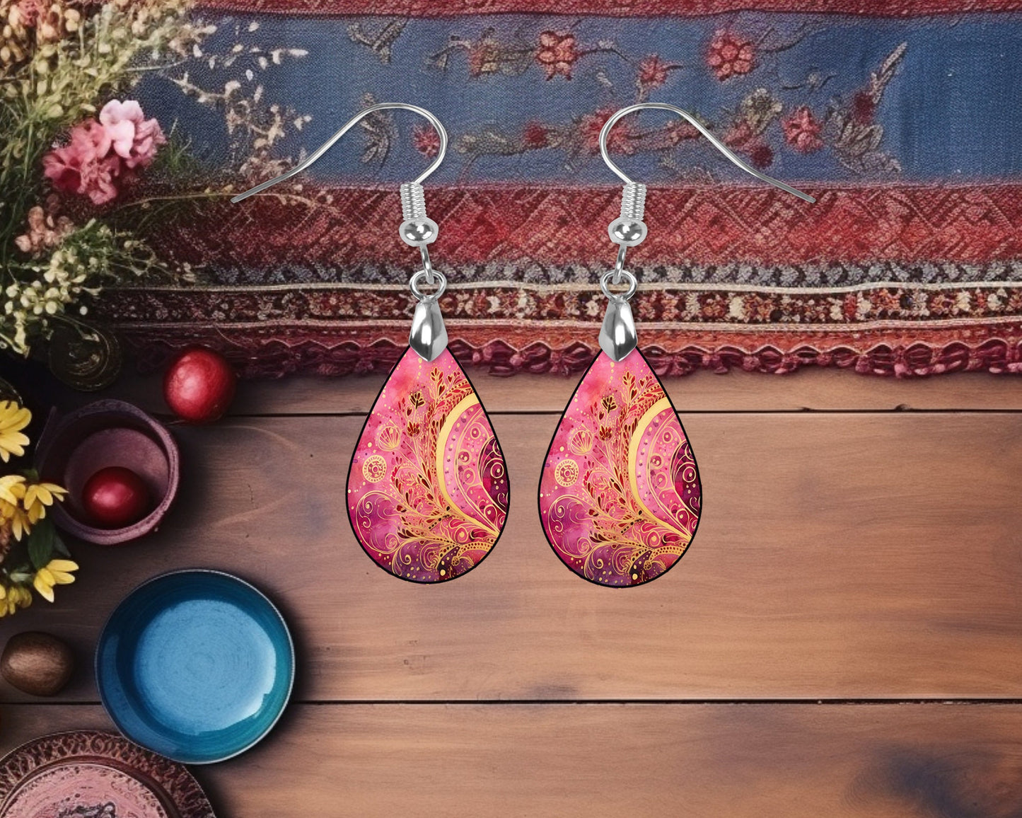 New Delhi Pink and Gold  Earrings, Teardrop Dangle Printed Earrings Jewelry Handmade