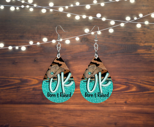 Oklahoma Born and Raised Earrings, Teardrop Dangle Printed Earrings Jewelry Handmade