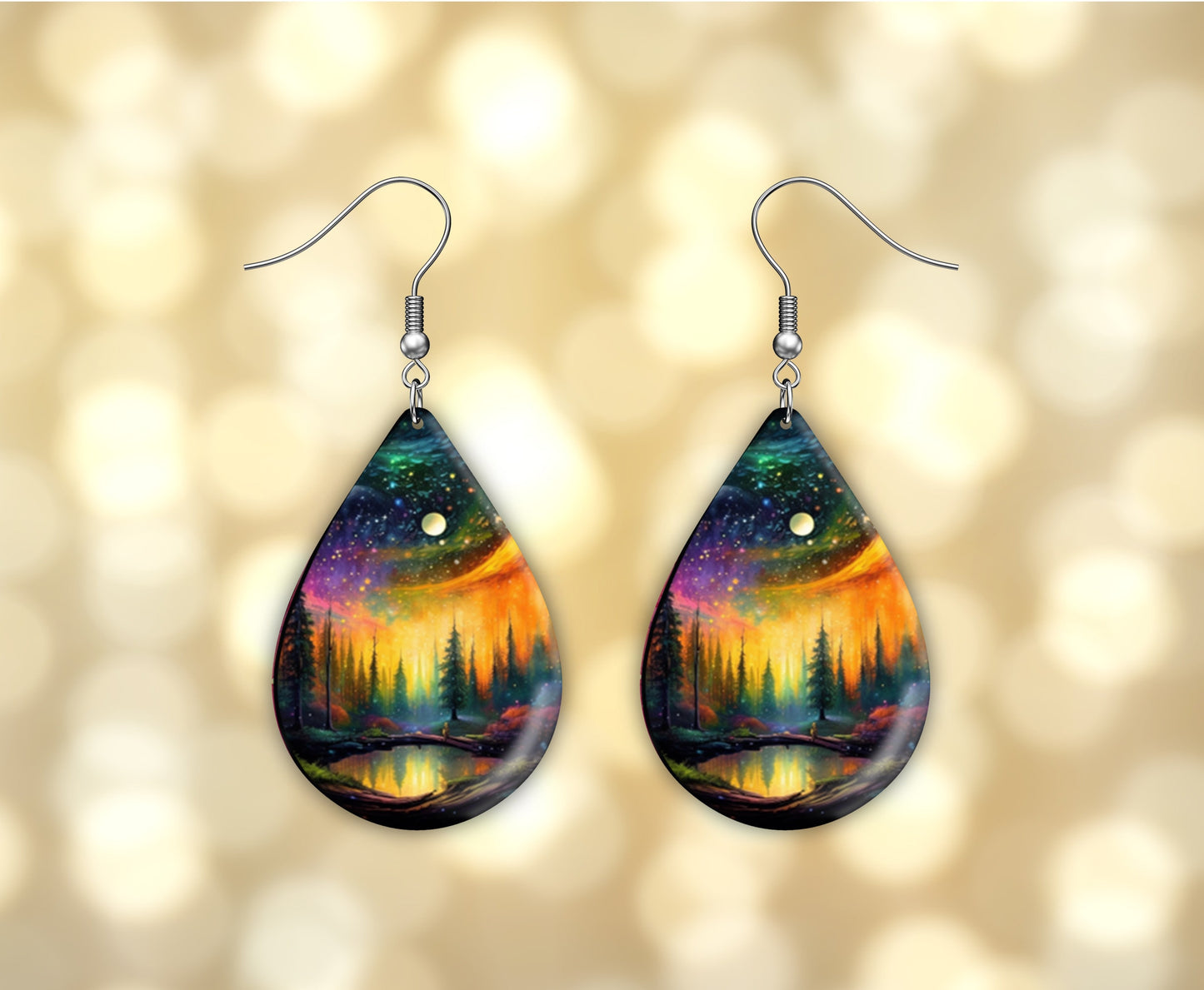 Northern Lights Over Lake Print Earrings Print Tear Drop Wood Dangle Earrings Hypoallergenic Jewelry