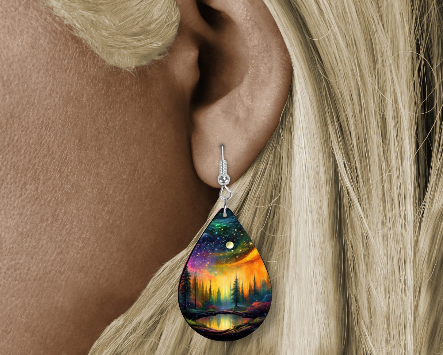 Northern Lights Over Lake Print Earrings Print Tear Drop Wood Dangle Earrings Hypoallergenic Jewelry