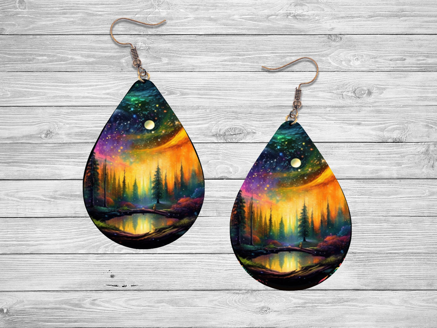 Northern Lights Over Lake Print Earrings Print Tear Drop Wood Dangle Earrings Hypoallergenic Jewelry