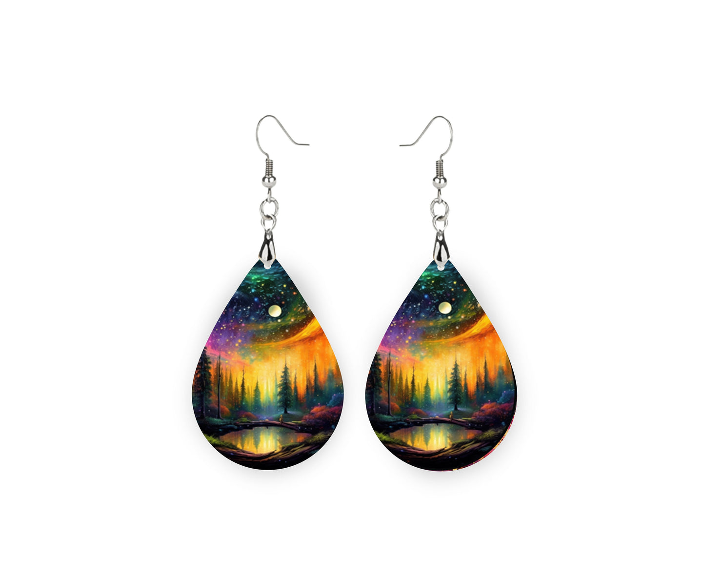 Northern Lights Over Lake Print Earrings Print Tear Drop Wood Dangle Earrings Hypoallergenic Jewelry