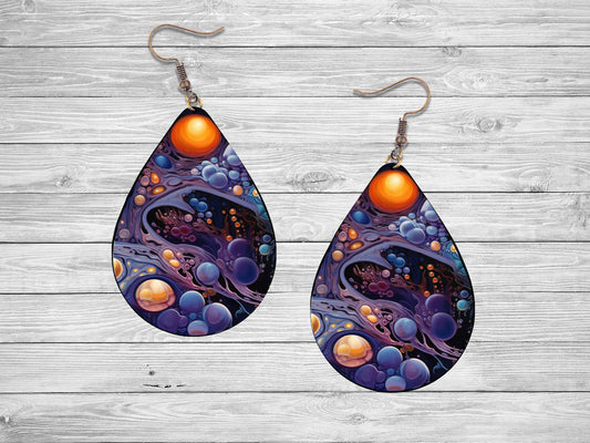 Alien Cytoplasma Print Earrings Print Tear Drop Wood Dangle Earrings Hypoallergenic Jewelry