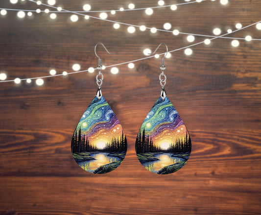 New Release, Northern Lights River  Earrings, Teardrop Dangle Printed Earrings Jewelry Handmade