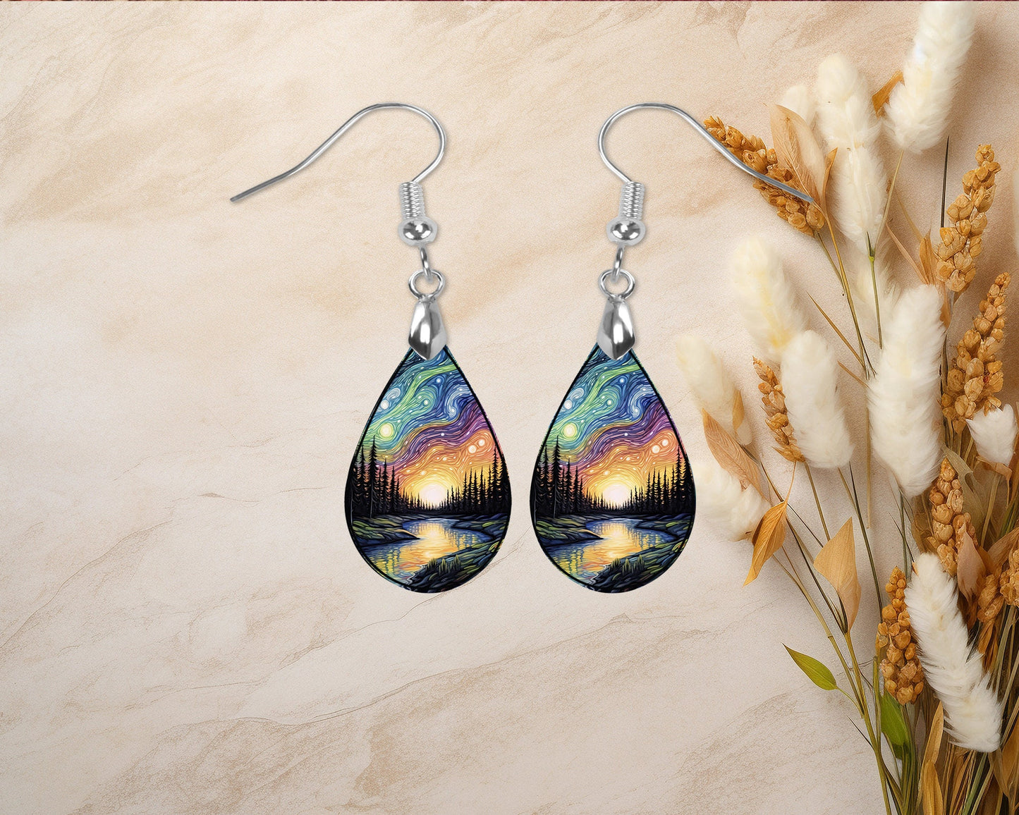 New Release, Northern Lights River  Earrings, Teardrop Dangle Printed Earrings Jewelry Handmade