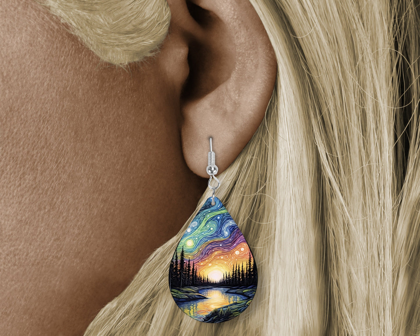 New Release, Northern Lights River  Earrings, Teardrop Dangle Printed Earrings Jewelry Handmade