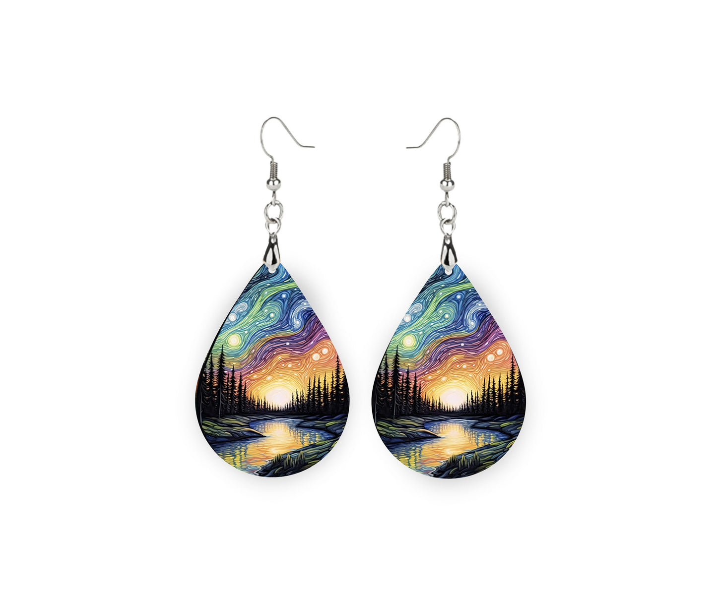 New Release, Northern Lights River  Earrings, Teardrop Dangle Printed Earrings Jewelry Handmade