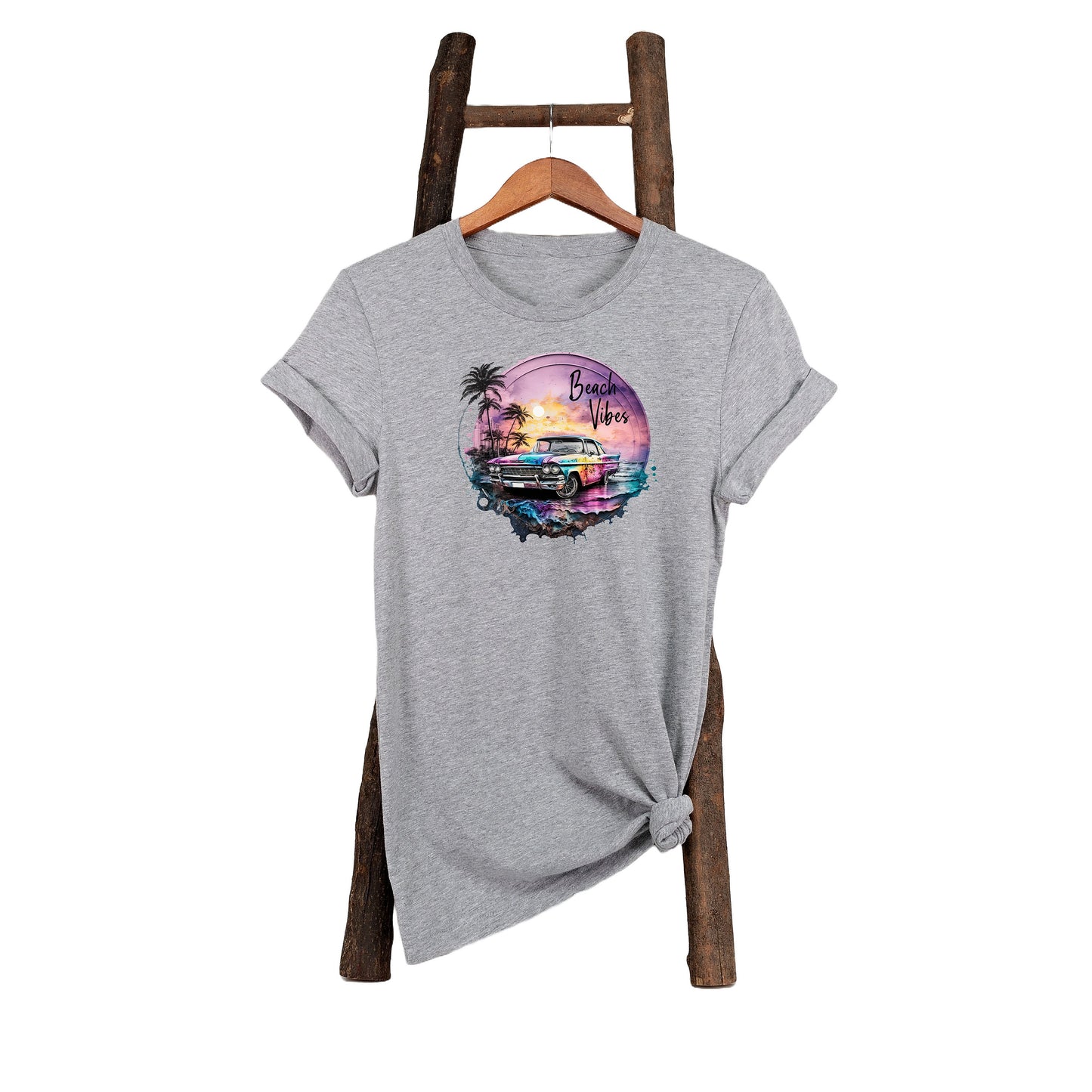 New Release, Beach Vibes Vintage Car T Shirt, Tshirt, Graphic T's  100% Cotton Black White or Gray, Tee,