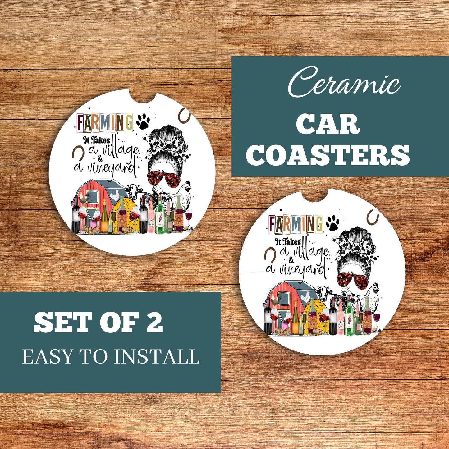 Set of 2 Farming It Takes a Village and a Vineyard Sandstone Car Coasters, Car Accessory