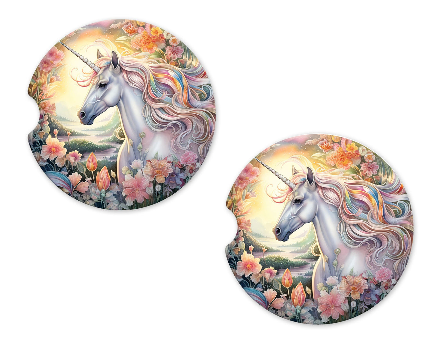 Set of 2 Floral Unicorn Sandstone Car Coasters, Car Accessory