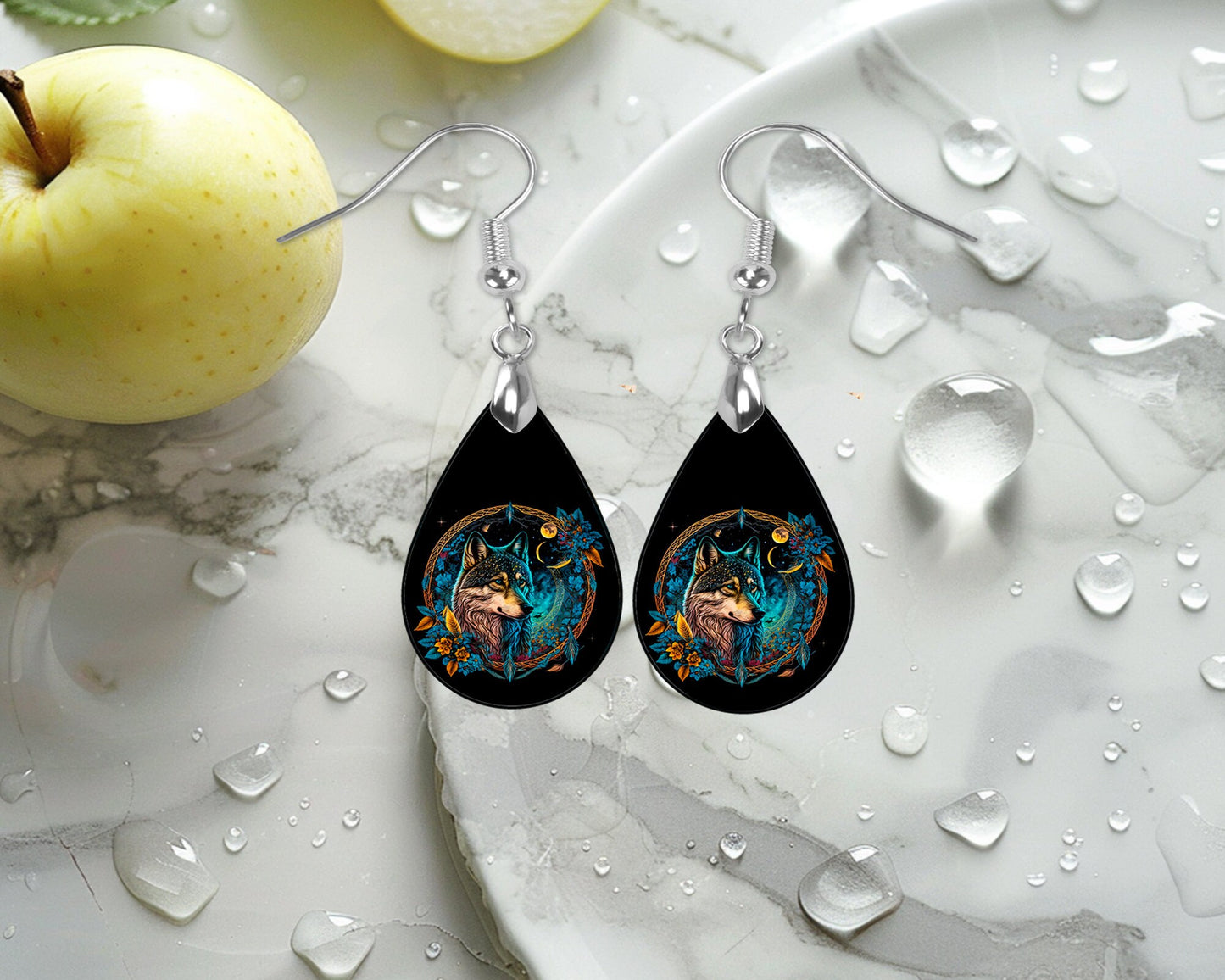 Wolf Dream Catcher Print Earrings Print Tear Drop Wood Dangle Earrings Hypoallergenic Jewelry