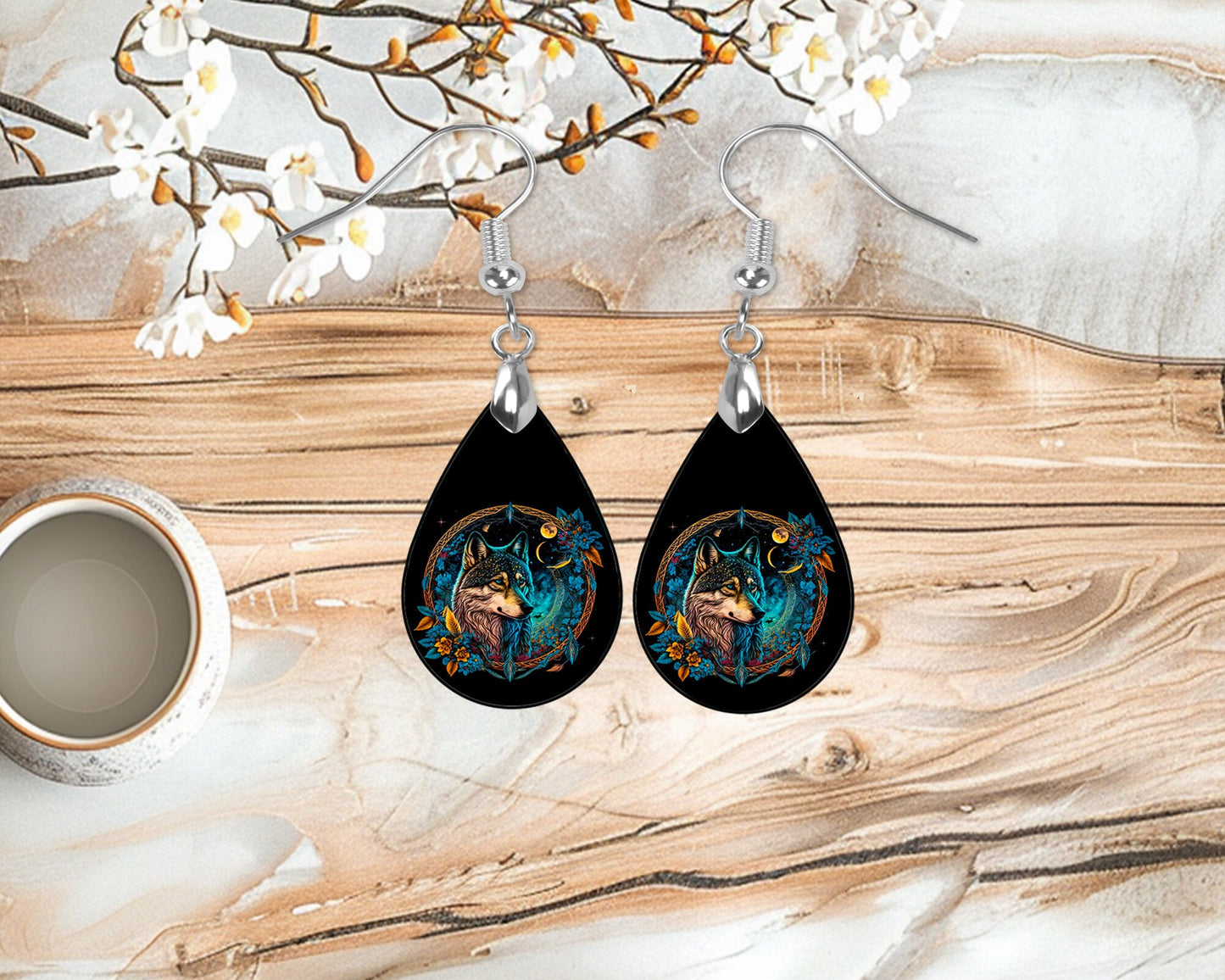 Wolf Dream Catcher Print Earrings Print Tear Drop Wood Dangle Earrings Hypoallergenic Jewelry